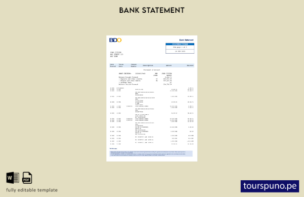 listo para imprimir Plantilla de versión en Word del extracto bancario BDO de Fi
